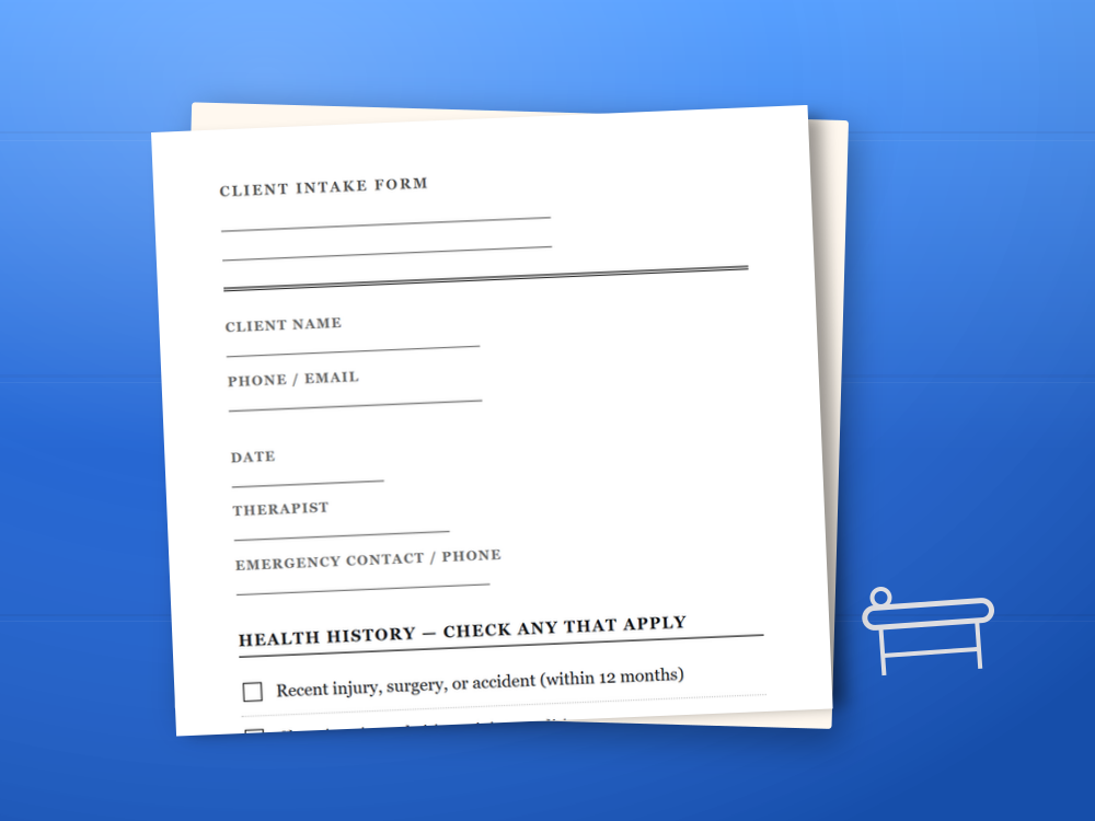 The massage intake form template document staged on a desk