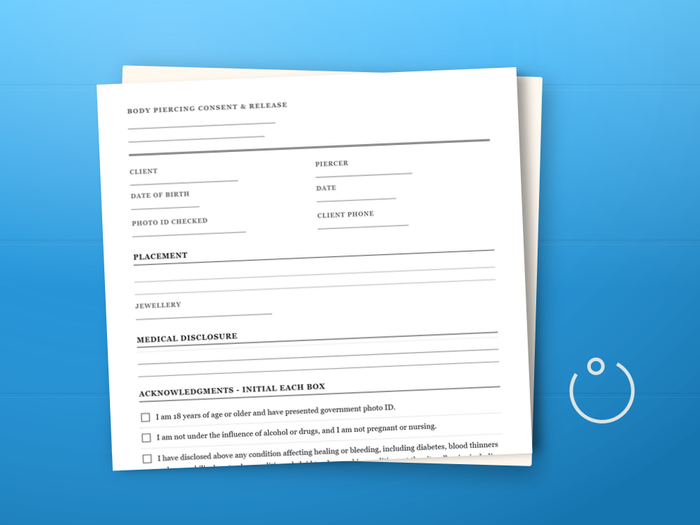The piercing consent template document staged on a desk